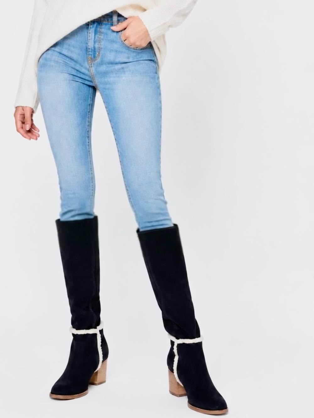 BLONDO Black Suede Leather & Shearling Block Heel Boots w Tan Sole